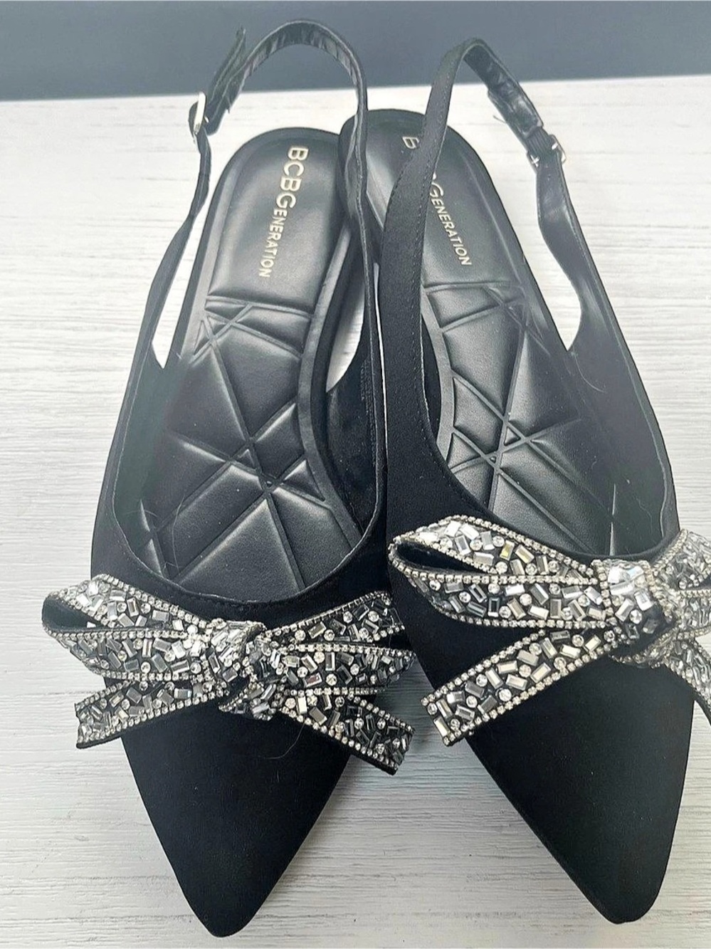BCBGeneration Kristin Rhinestone Bow Slingback Flat Flats Black